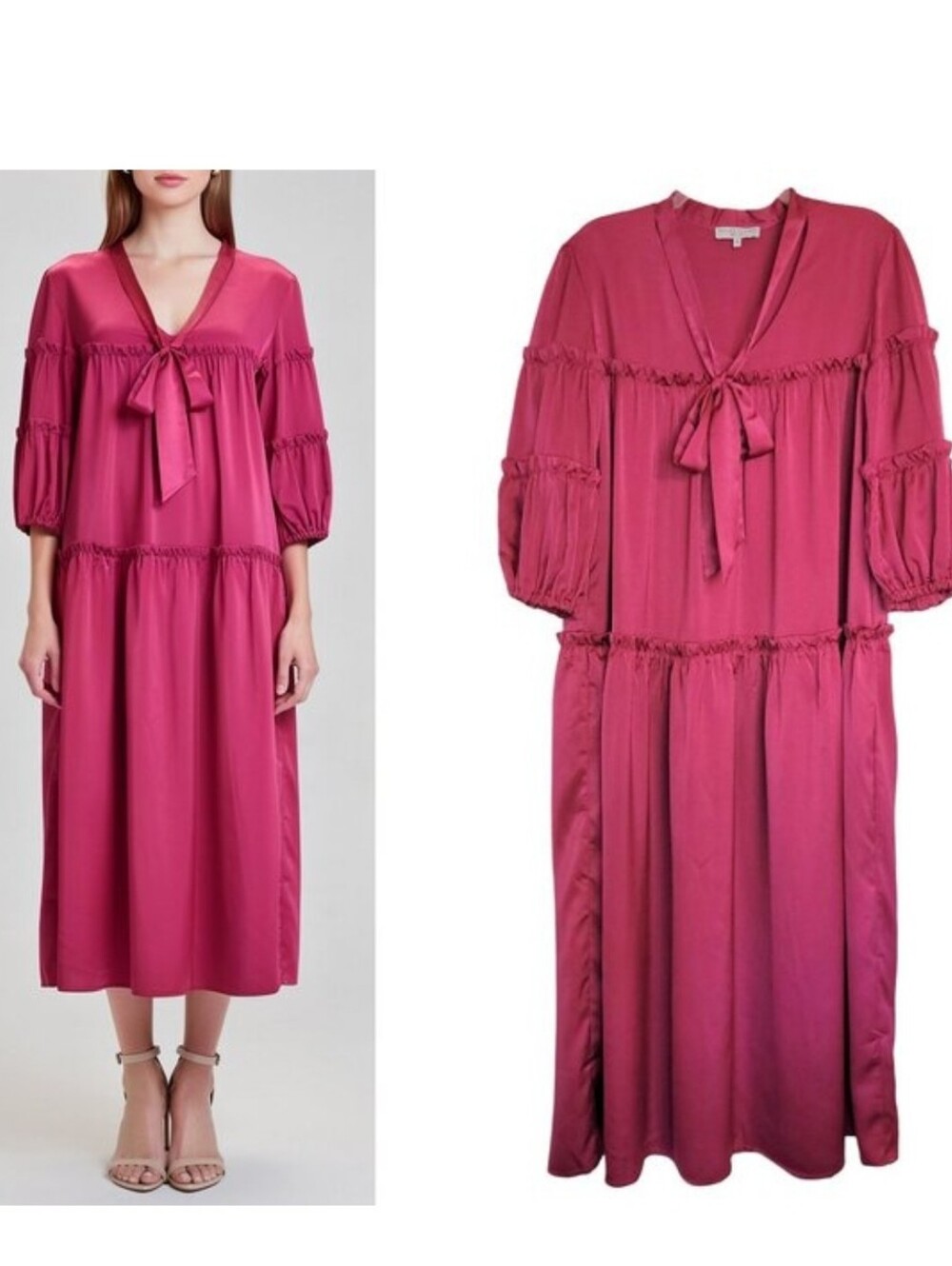 Taylor Tillman Satin Tiered Bow Neck Midi Maxi Dress